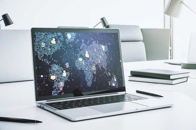 Monitor de computadora moderno con concepto de iconos de redes sociales con mapa mundial Concepto de marketing y promoción Representación 3D