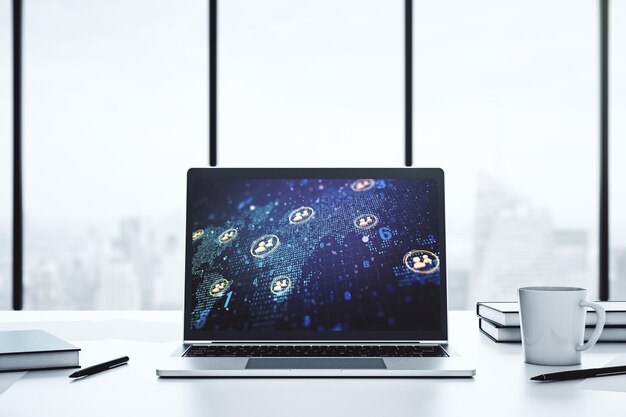 Monitor de computadora moderno con concepto de iconos de redes sociales con mapa mundial Concepto de marketing y promoción Representación 3D