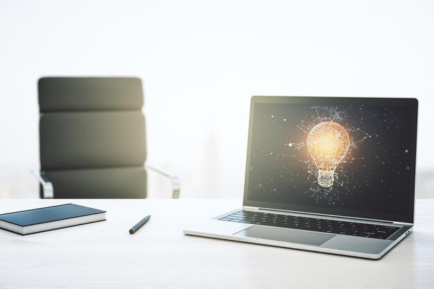 Monitor de computadora moderno con concepto de investigación y desarrollo de hologramas de bombillas creativas Representación 3D