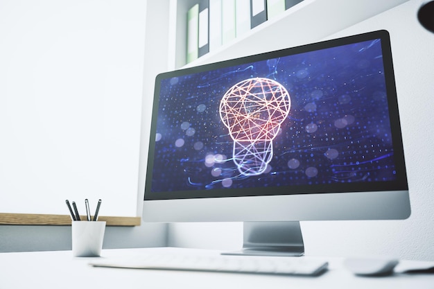 Monitor de computadora moderno con concepto de investigación y desarrollo de hologramas de bombillas creativas Representación 3D