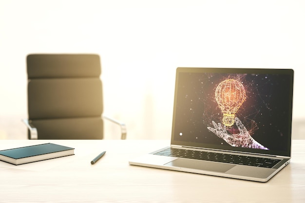 Monitor de computadora moderno con concepto de investigación y desarrollo de hologramas de bombillas creativas Representación 3D