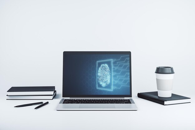 Monitor de computadora moderno con concepto de investigación y desarrollo de hologramas de huellas dactilares creativas abstractas Representación 3D