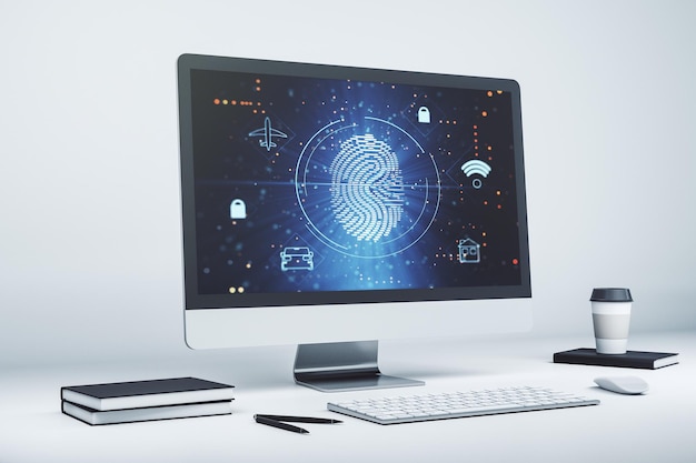 Monitor de computadora moderno con concepto de investigación y desarrollo de hologramas de huellas dactilares creativas abstractas Representación 3D
