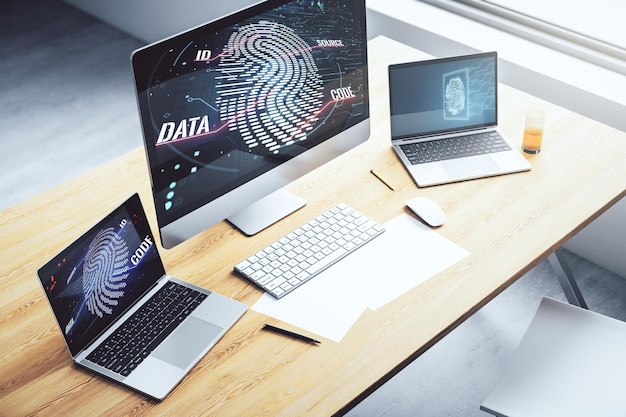 Monitor de computadora moderno con concepto de investigación y desarrollo de hologramas de huellas dactilares creativas abstractas Representación 3D