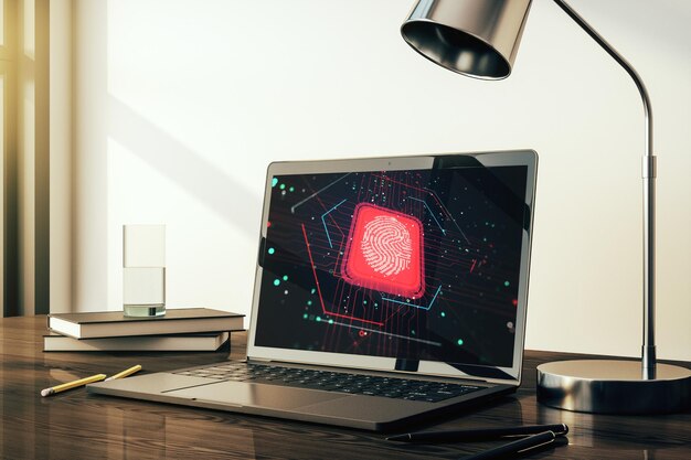Monitor de computadora moderno con concepto de investigación y desarrollo de hologramas de huellas dactilares creativas abstractas Representación 3D
