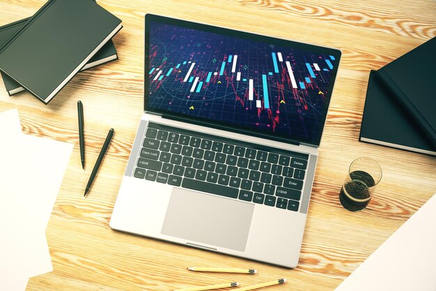 Monitor de computadora moderno con concepto de investigación y estrategia de gráficos financieros creativos abstractos Representación 3D