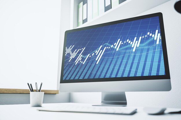 Monitor de computadora moderno con concepto de investigación y estrategia de gráficos financieros creativos abstractos Representación 3D