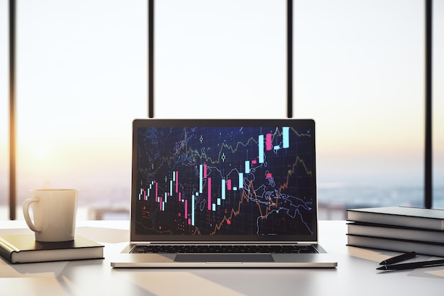 Monitor de computadora moderno con concepto de investigación y estrategia de gráficos financieros creativos abstractos Representación 3D