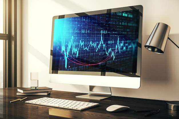 Monitor de computadora moderno con concepto de investigación y estrategia de gráficos financieros creativos abstractos Representación 3D