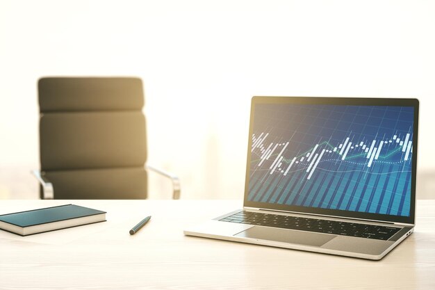 Monitor de computadora moderno con concepto de investigación y estrategia de gráficos financieros creativos abstractos Representación 3D