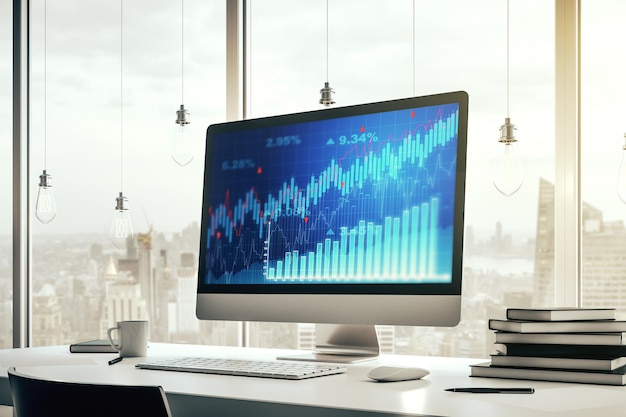 Monitor de computadora moderno con concepto de investigación y estrategia de gráficos financieros creativos abstractos Representación 3D