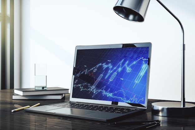 Monitor de computadora moderno con concepto de investigación y estrategia de gráficos financieros creativos abstractos Representación 3D