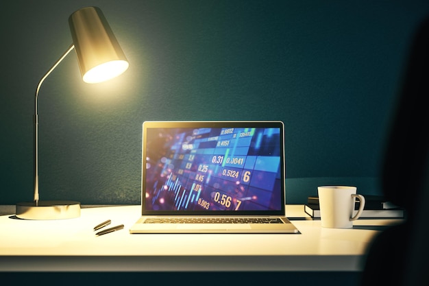 Monitor de computadora moderno con concepto de investigación y estrategia de gráficos financieros creativos abstractos Representación 3D