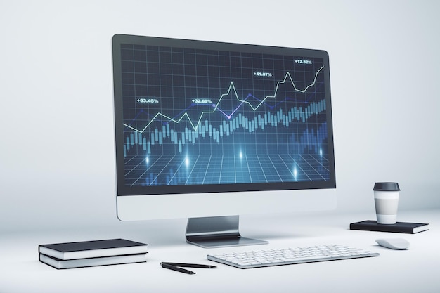 Monitor de computadora moderno con concepto de investigación y estrategia de gráficos financieros creativos abstractos Representación 3D