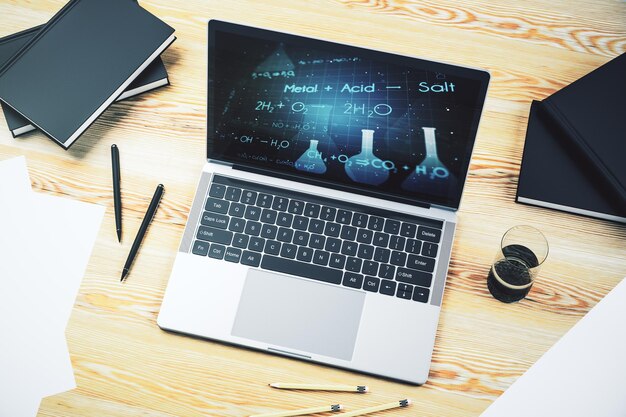 Monitor de computadora moderno con concepto de química creativa concepto de investigación y desarrollo Renderizado en 3D