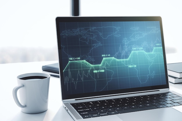 Monitor de computadora moderno con estadísticas de holograma de datos de estadísticas creativas abstractas y concepto de análisis Representación 3D