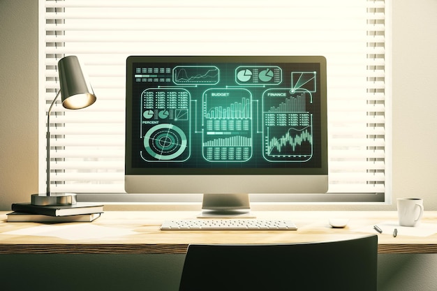 Monitor de computadora moderno con estadísticas de holograma de datos de estadísticas creativas abstractas y concepto de análisis Representación 3D