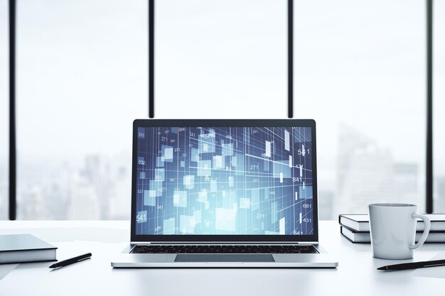 Monitor de computadora moderno con estadísticas de holograma de datos de estadísticas creativas abstractas y concepto de análisis Representación 3D