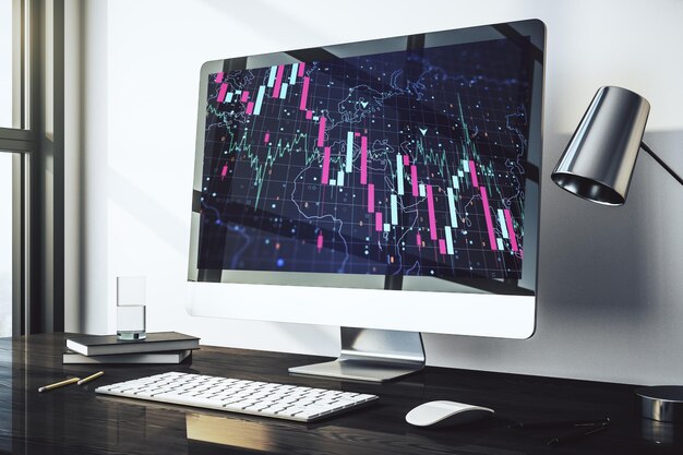 Monitor de computadora moderno con gráfico de crisis global abstracto creativo con holograma del mapa del mundo Concepto de crisis financiera y recesión Renderización en 3D
