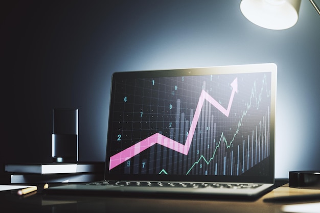 Monitor de computadora moderno con gráfico financiero creativo abstracto e investigación ascendente y concepto de estrategia Representación 3D