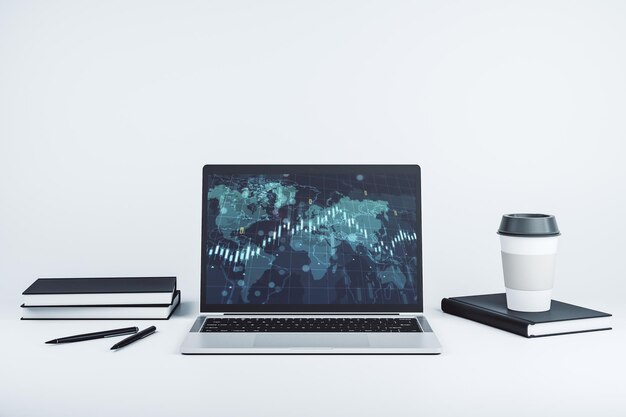 Monitor de computadora moderno con gráfico financiero creativo abstracto con investigación de mapas mundiales y concepto de estrategia 3D Rendering