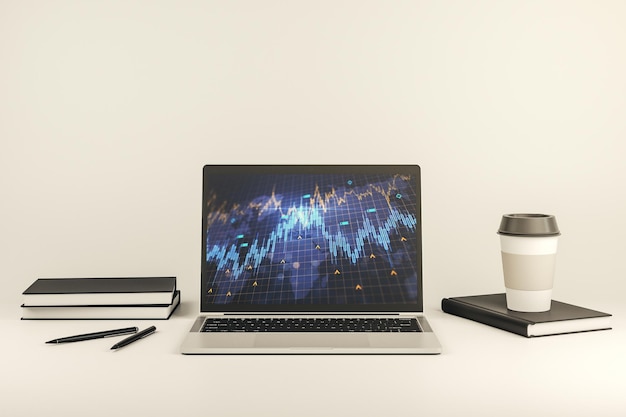 Monitor de computadora moderno con gráfico financiero creativo abstracto con investigación de mapas mundiales y concepto de estrategia 3D Rendering
