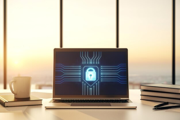 Monitor de computadora moderno con holograma de bloqueo creativo y chip Concepto de seguridad de la información Representación 3D