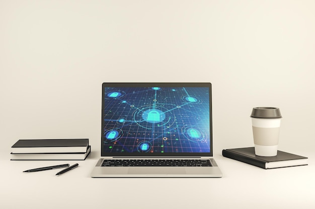 Monitor de computadora moderno con holograma de bloqueo creativo y chip Concepto de seguridad de la información Representación 3D