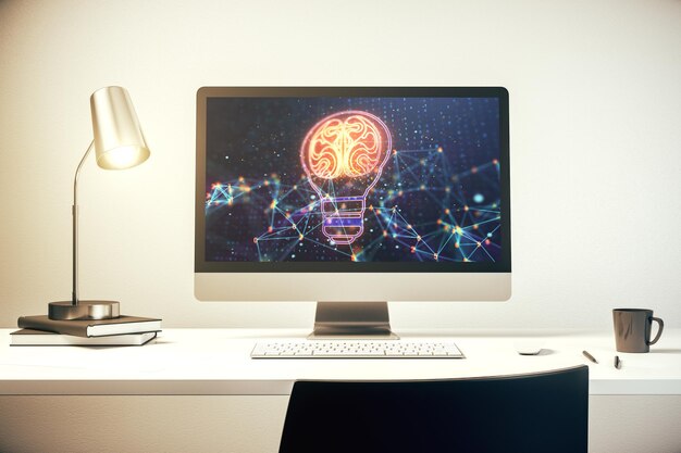 Monitor de computadora moderno con holograma de bombilla creativa con idea de cerebro humano y concepto de lluvia de ideas Representación 3D