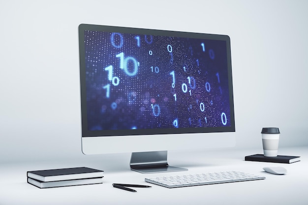 Monitor de computadora moderno con holograma de código binario abstracto creativo Base de datos y concepto de programación Renderización 3D
