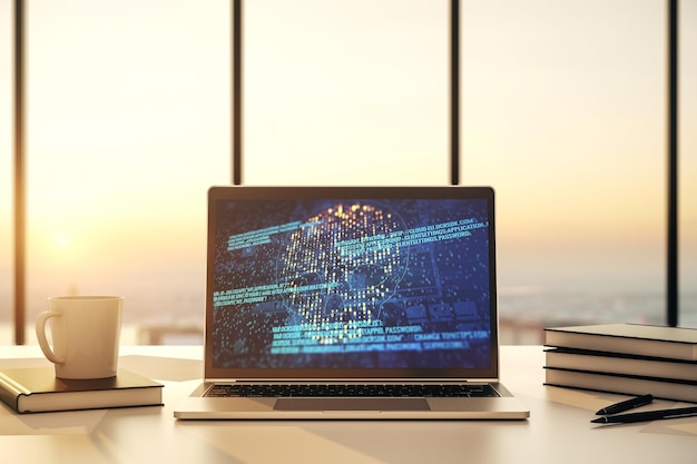Monitor de computadora moderno con holograma de cráneo de código creativo Malware y concepto de delito cibernético Representación 3D