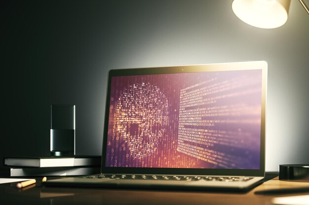 Monitor de computadora moderno con holograma de cráneo de código creativo Malware y concepto de delito cibernético Representación 3D