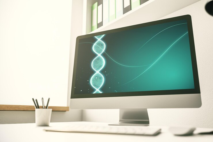 Foto monitor de computadora moderno con holograma creativo de adn bio ingeniería y concepto de investigación de adn representación 3d
