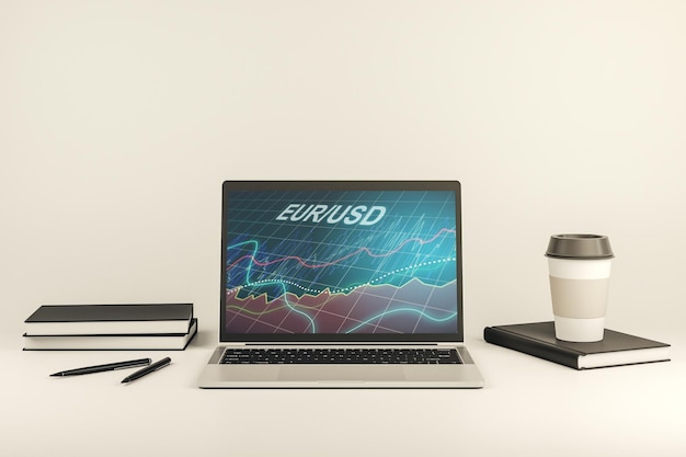 Monitor de computadora moderno con holograma creativo de gráfico de divisas EURO USD Concepto de banca e inversión Representación 3D