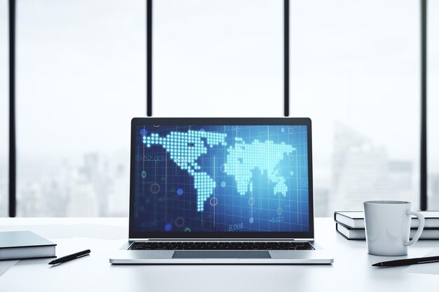 Monitor de computadora moderno con investigación de mapas del mundo digital abstracto y concepto de estrategia Representación 3D