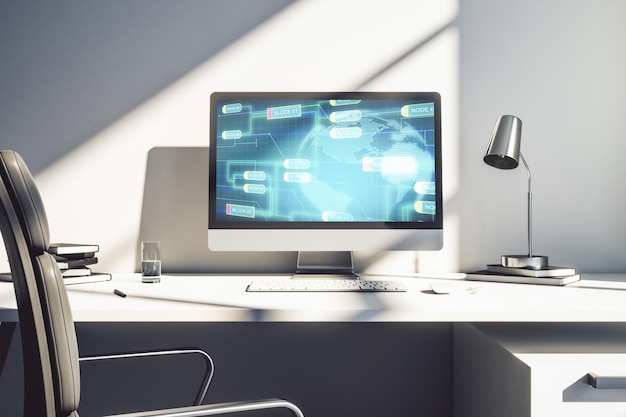 Monitor de computadora moderno con lenguaje de programación abstracto con concepto de investigación y desarrollo de mapas mundiales 3D Rendering