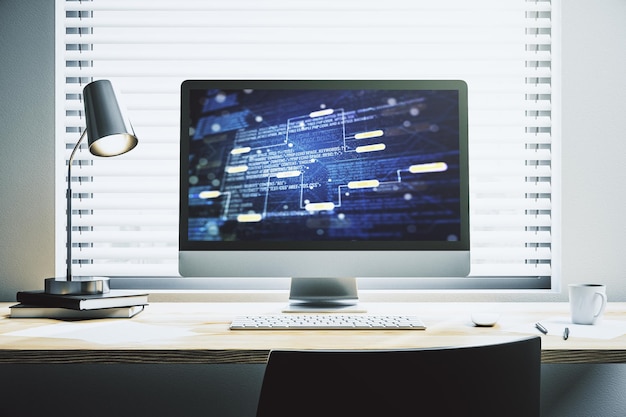 Monitor de computadora moderno con lenguaje de programación abstracto investigación y desarrollo concepto Renderización 3D