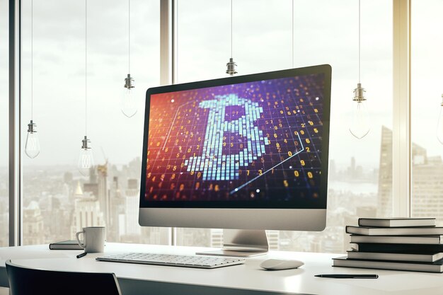 Monitor de computadora moderno con símbolo Bitcoin creativo Concepto de criptomoneda Representación 3D