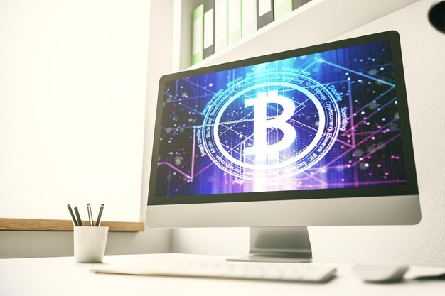 Monitor de computadora moderno con símbolo creativo de Bitcoin Concepto de criptomoneda Representación 3D