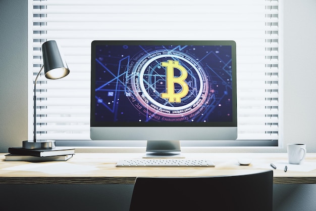 Monitor de computadora moderno con símbolo creativo de Bitcoin Concepto de criptomoneda Representación 3D