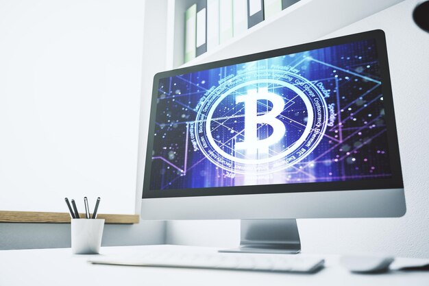 Monitor de computadora moderno con símbolo creativo de Bitcoin Concepto de criptomoneda Representación 3D