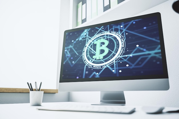 Monitor de computadora moderno con símbolo creativo de Bitcoin Concepto de criptomoneda Representación 3D
