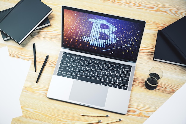 Monitor de computadora moderno con símbolo creativo de Bitcoin Concepto de criptomoneda Representación 3D