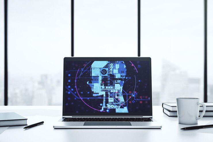 Foto monitor de computadora moderno con símbolo creativo de inteligencia artificial redes neuronales y concepto de aprendizaje automático representación 3d
