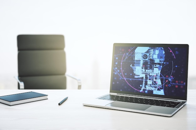 Monitor de computadora moderno con símbolo creativo de inteligencia artificial Redes neuronales y concepto de aprendizaje automático Representación 3D