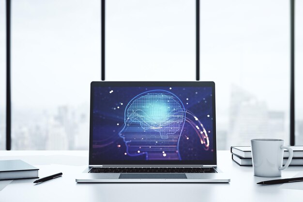 Monitor de computadora moderno con símbolo creativo de inteligencia artificial Redes neuronales y concepto de aprendizaje automático Representación 3D