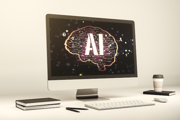 Foto monitor de computadora moderno con símbolo creativo de inteligencia artificial redes neuronales y concepto de aprendizaje automático representación 3d