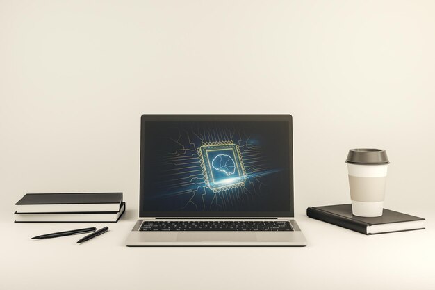 Monitor de computadora moderno con símbolo creativo de inteligencia artificial Redes neuronales y concepto de aprendizaje automático Representación 3D