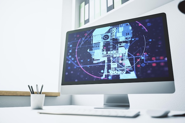 Monitor de computadora moderno con símbolo creativo de inteligencia artificial Redes neuronales y concepto de aprendizaje automático Representación 3D