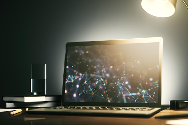 Monitor de computadora moderno con tecnología de escritorio Concepto de software de investigación y desarrollo Renderizado en 3D